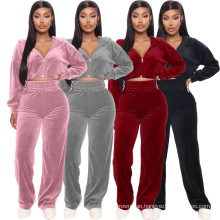 C7228 Latest Fashion Pullover Hoodie Wide Leg Pants Long Sleeve Outfits Women 2 Piece Flare Pants Velvet Winter Sweatsuit Set